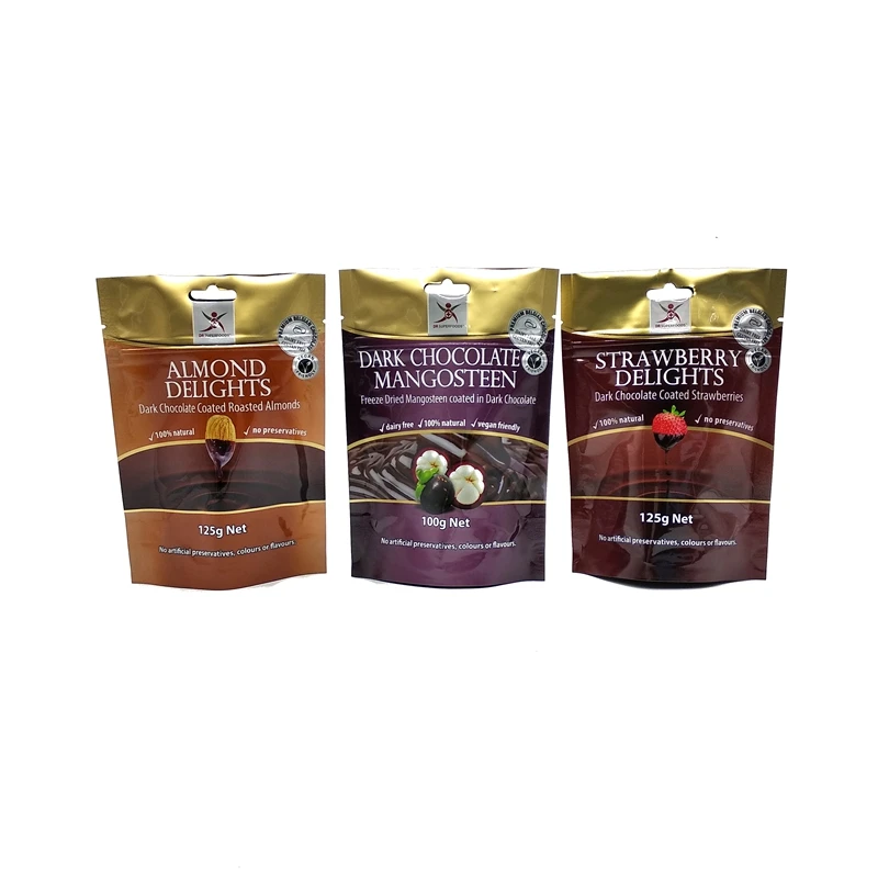 Custom Plastic Food Storage Bag Dark Chocolate Coated Roasted Almonds Zipper Bags 100% Natural 125g Net