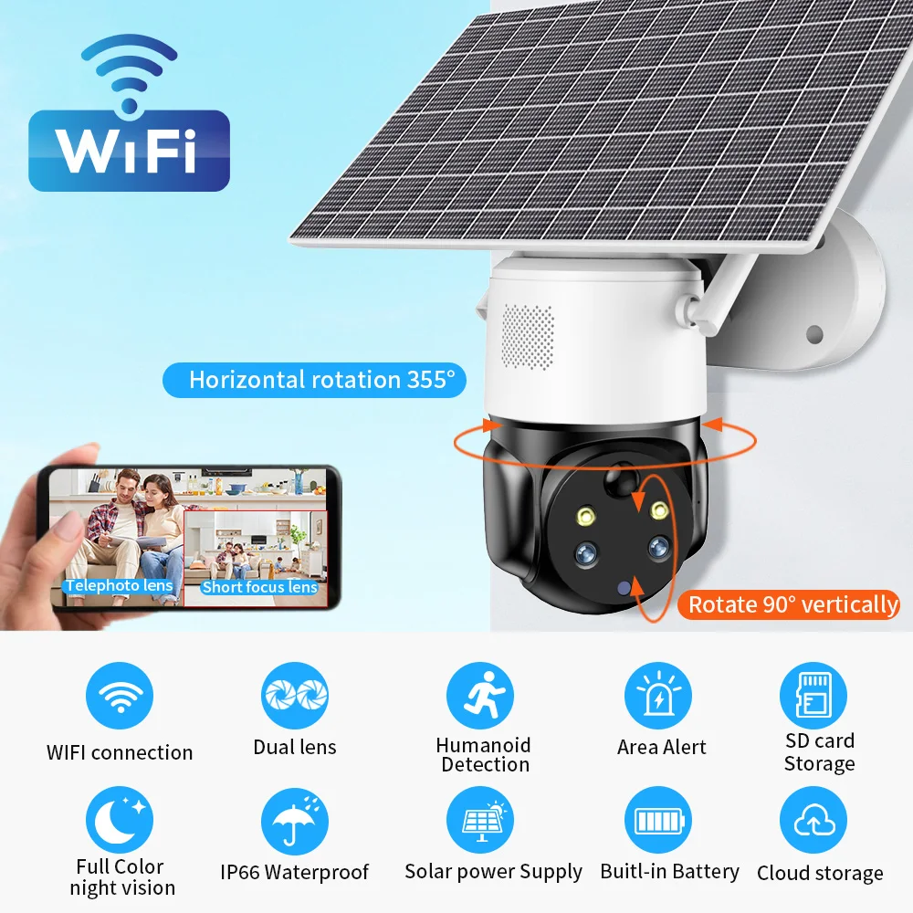 ShireStar Eseecloud V380 Pro Solar Powered Surveillance Security PTZ CCTV Camera Dual Lens Zoom Wireless Outdoor WiFi Camera
