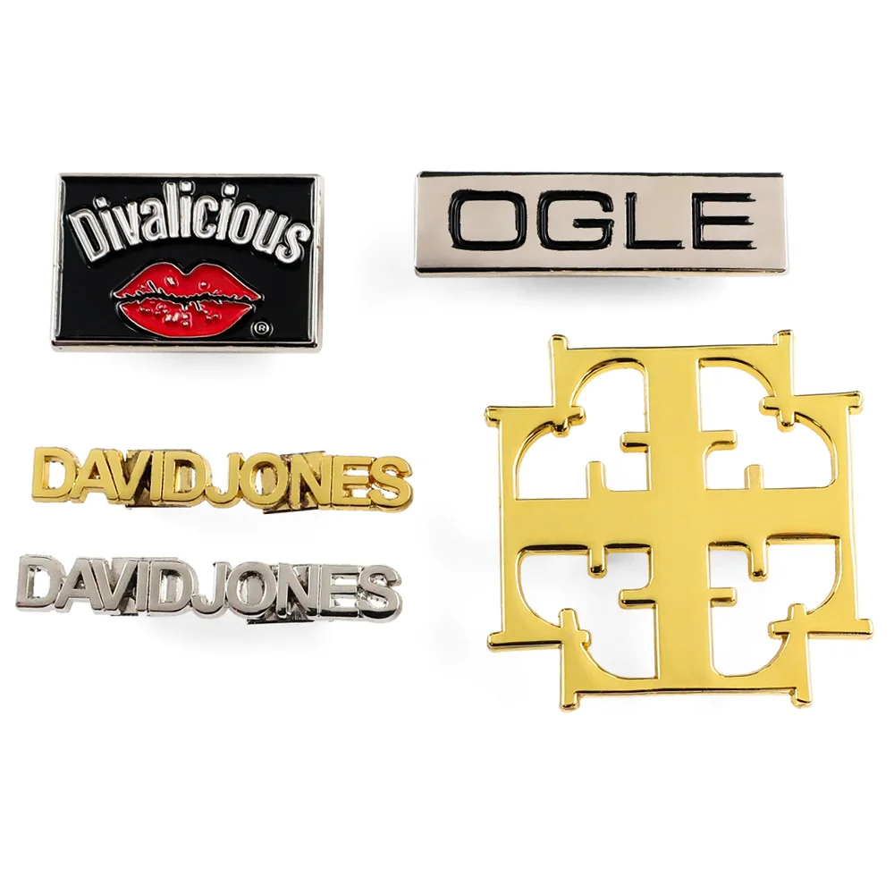 Personalized custom logo English Souvenir metal safety hollow out gold letter brooch pin branded badges for cloth