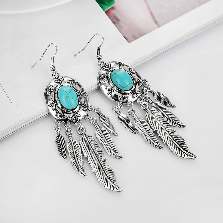 Latest Design Antique Silver Turquoise Earrings Bohemian Jewelry Wholesale
