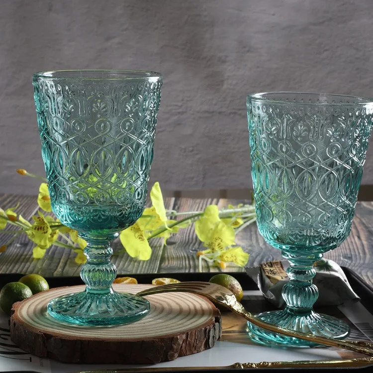 Vintage Colored Stemmed Glass Cups Embossed Design Customize Green Glass Modern