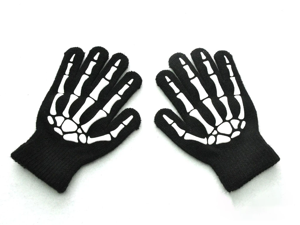 Adults Kids Halloween Skeleton Printing Luminous Gloves Stretch Knitted Gloves Halloween Accessories