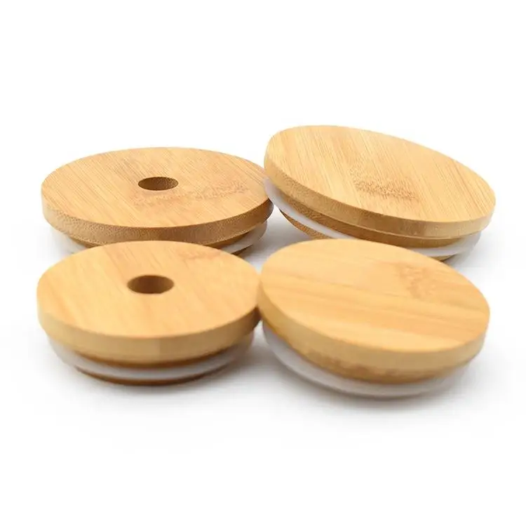 70mm Bamboo Lids with Straw Hole Bamboo Mason Jar Lids Regular Mouth for Beer Can Glasses and Iced Coffee Drink Cup