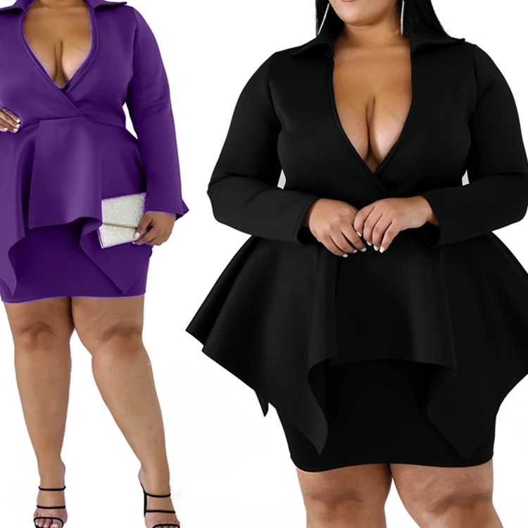
Extra large 6XL plus size women suit clothes ruffles v neck long sleeve tops and bodycon skirts dress set 