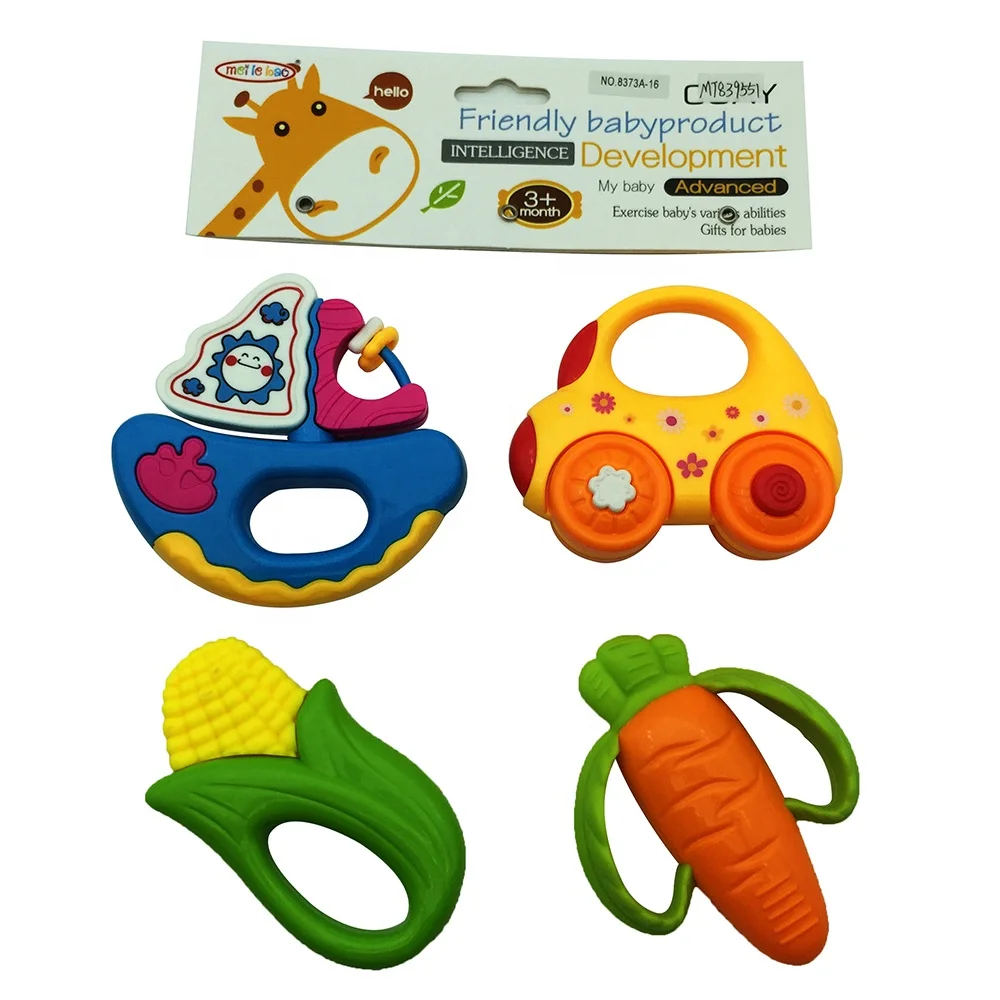 
colorful squeezing 4pcs mixed shape hand bells plastic baby rattle toys 