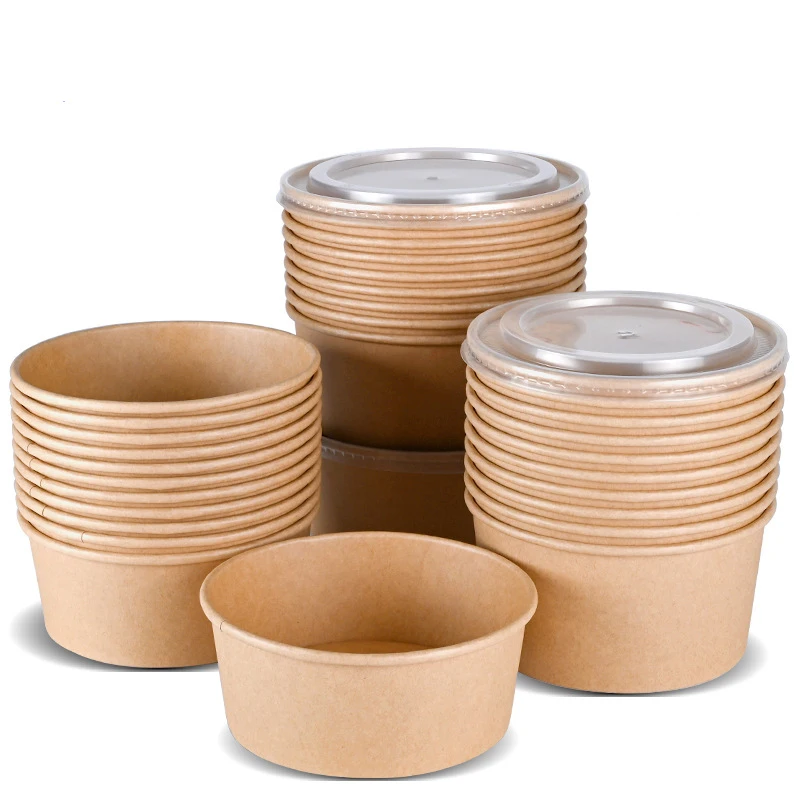Ready bulk wholesale waterproof Kraft Paper Food Bowl Take Away Disposable Salad Bowls With Paper Lid
