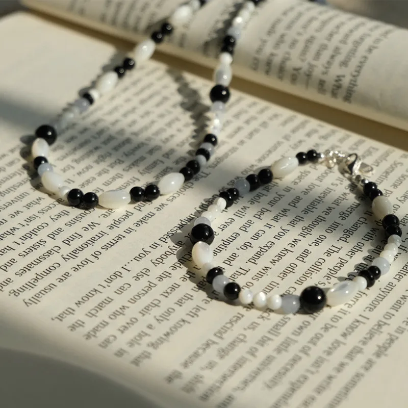 925 silver black Onyx bracelet necklace women black and white bead string aquamarine sterling silver versatile bracelet necklace