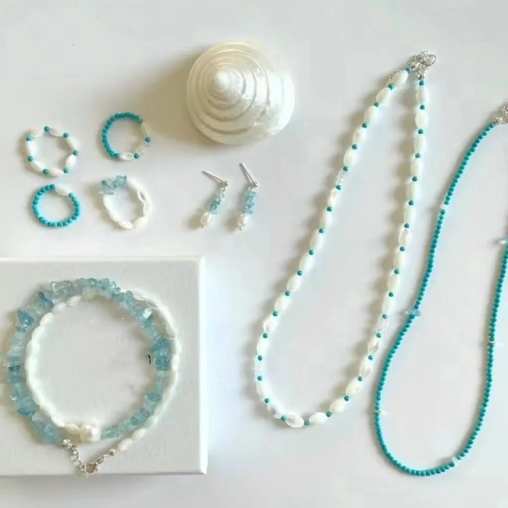 [Blue Iceland Series] Cold Feeling Dark Blue Beaded Necklace Suit Gentle and All-Match Temperament Jewelry