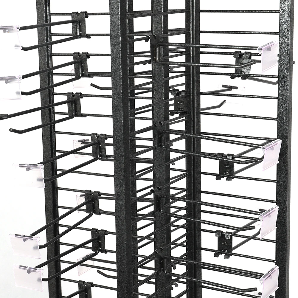 Free-standing 4 Sided Metal Spinner Rack with Wire Hooks, Rotating Goods Display Stand for Supermarket