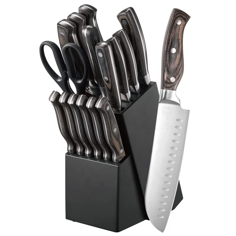 All in one super quality stainless steel kitchen fork and knife set with wooden block, professional knife block set