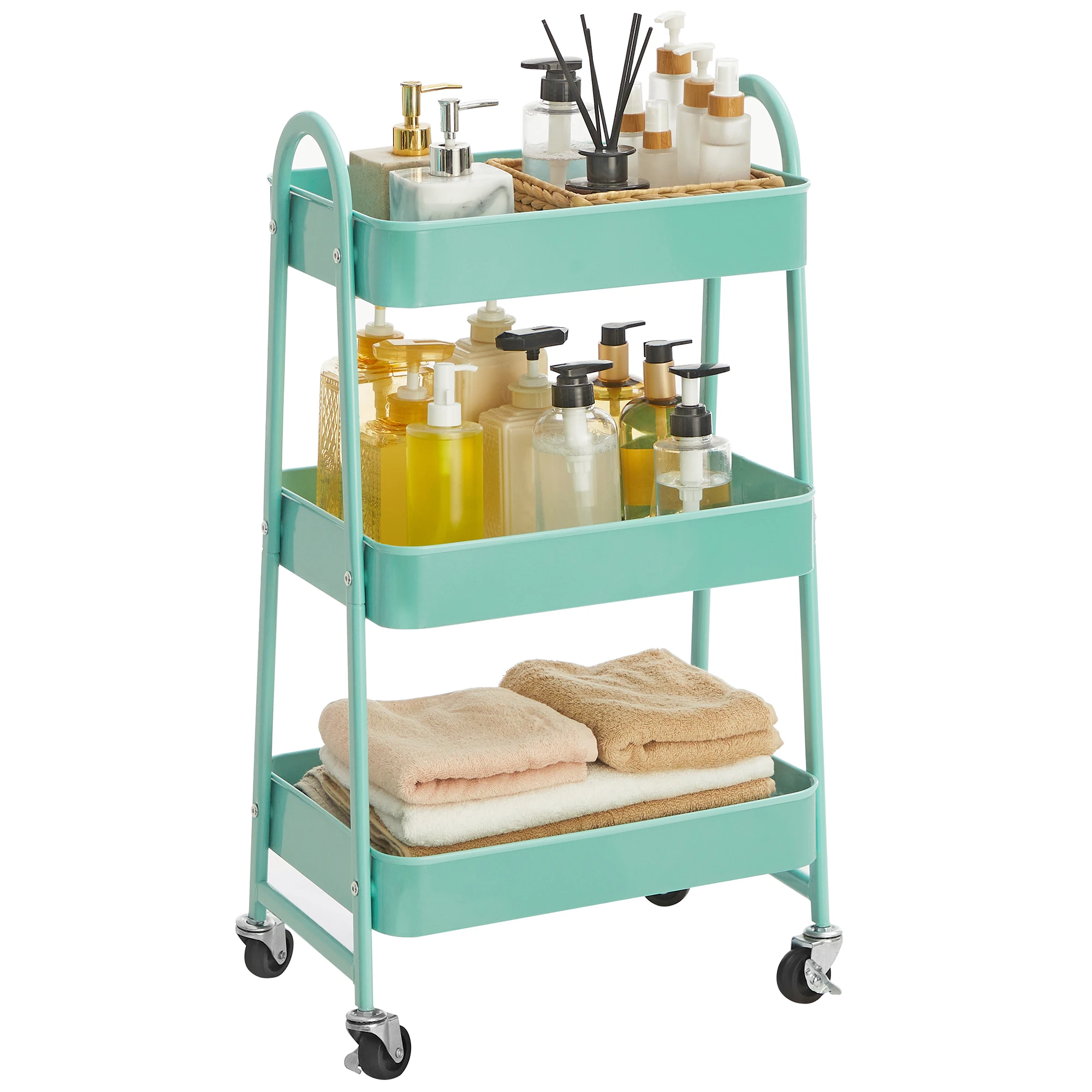 SONGMICS Low Price White Folding Storage Shelf Metal Cart 3-Tier Rolling Cart Kitchen Rack Trolley