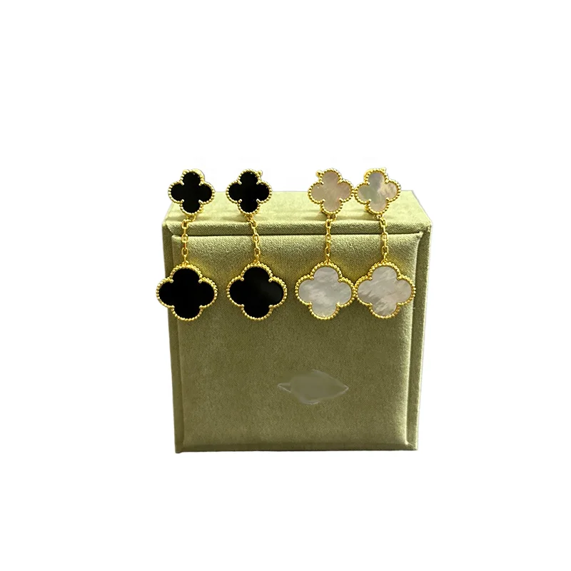 High quality s925 sterling silver 18K gold rose gold leaf two flower earrings women onyx mother ear clips factory wholesale