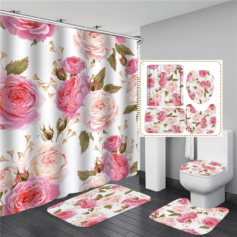 
4PCS Flower Shower Curtain Set with Carpet Bath Mat Modern Bathroom Curtains 