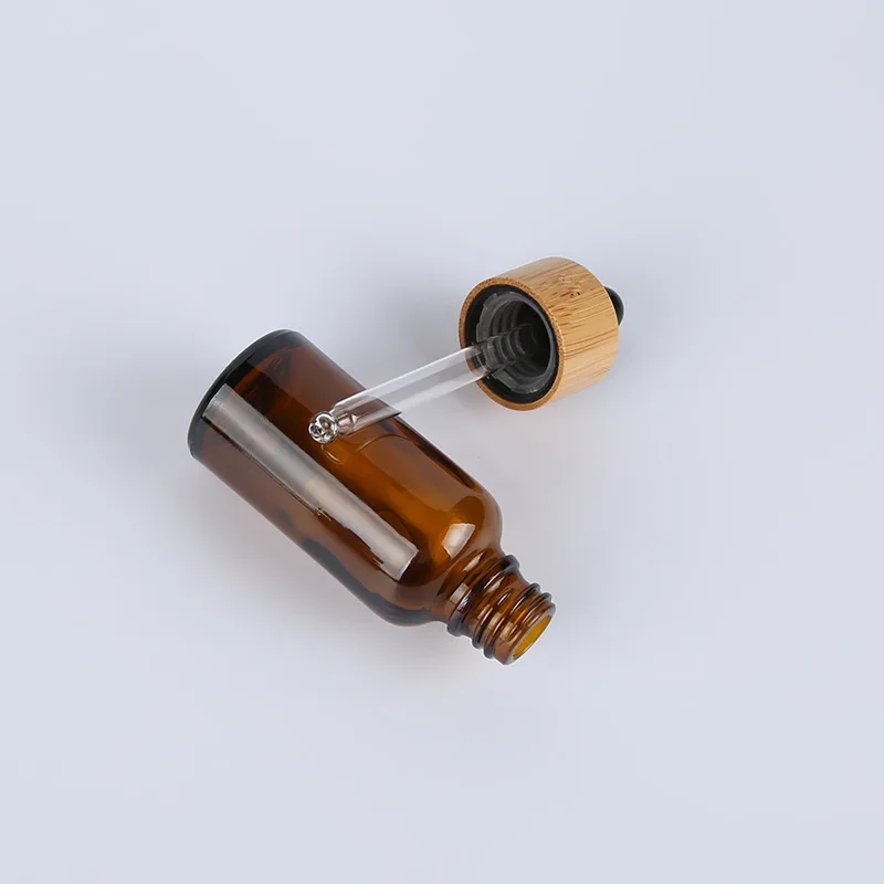 Glass Dropper Bottle Bamboo Lid Cap Amber Essential Oil Vial Industrial Facial Cleanser Eye Drops  20ml 15ml