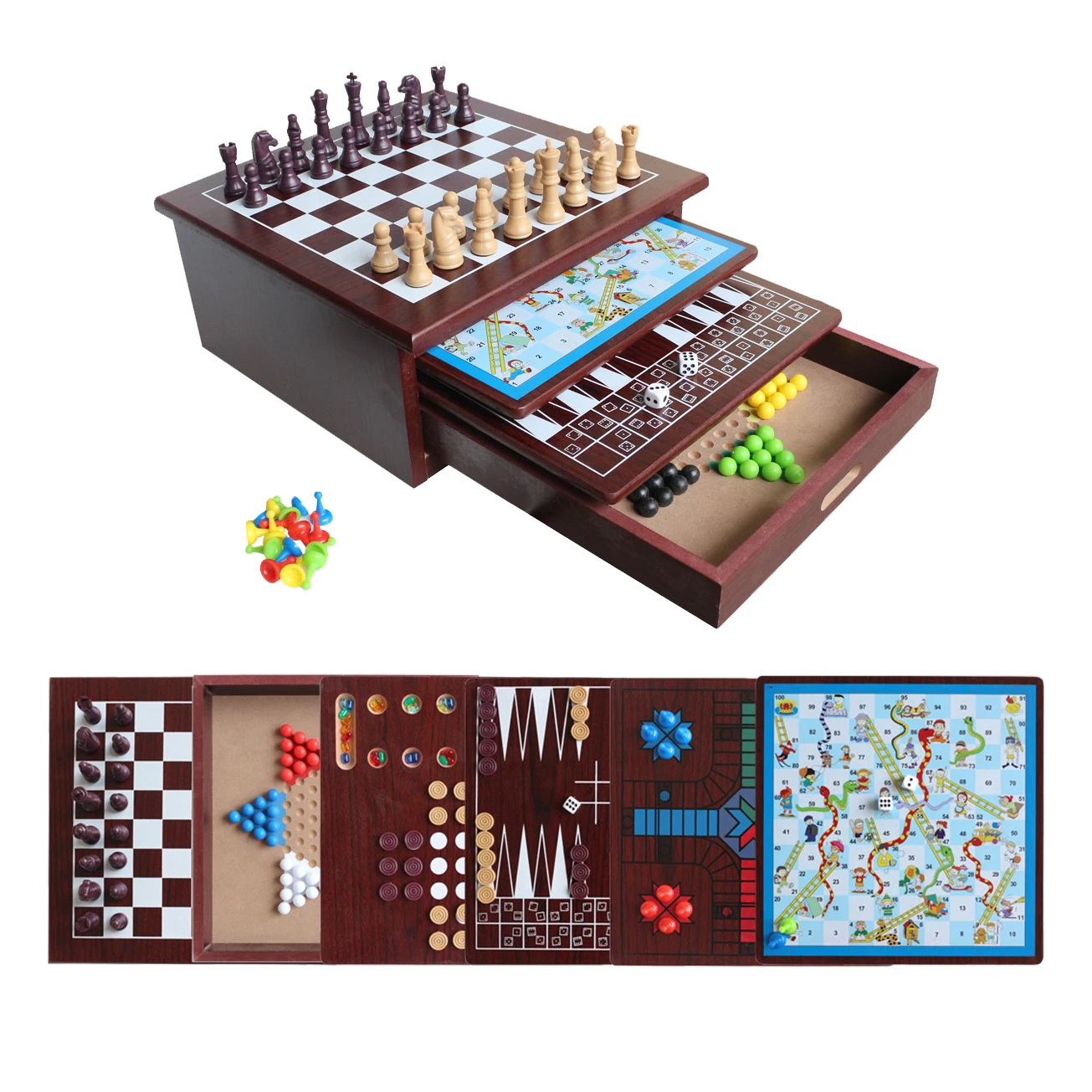 Deluxe 10 in 1 Tabletop Game Center with Storage Drawer Checkers Chess Parcheesi TicTacToe Solitaire Mancala Backgammon