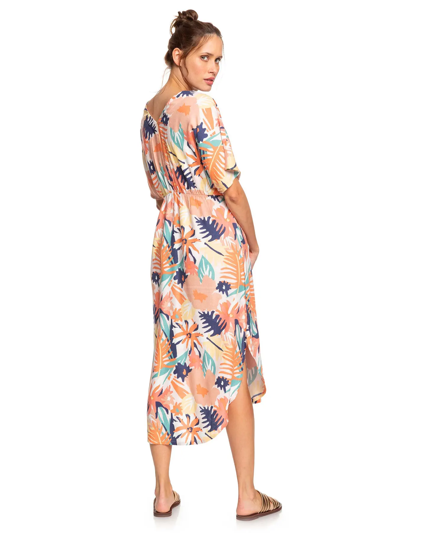 New Arrival Summer V Neck Short Sleeves Tropical Print High Waist Rayon Midi Long Dress For Women
