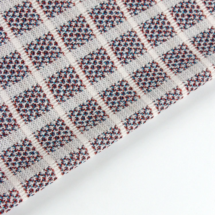 
Wholesale Yarn Dyed Jacquard Knitted Dress Blue and Red Lurex Blouse 74%Polyester 12%Lurex 14%Acrylic Fabric 