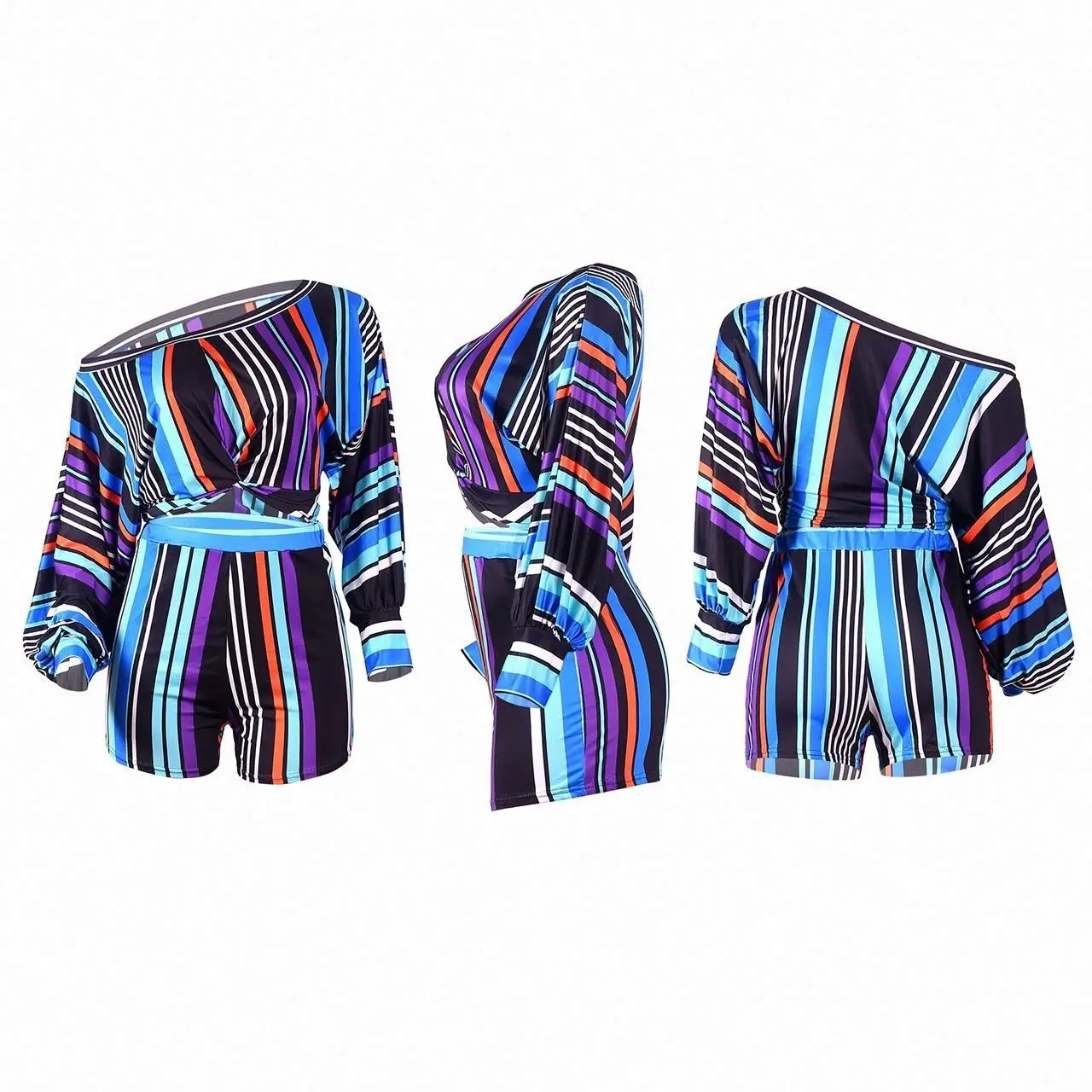 Wholesale Bohemian Puff Sleeve Casual Fashion Stripe Long Sleeve Multicolor Straight Nightclub Party Two Piece Short Set