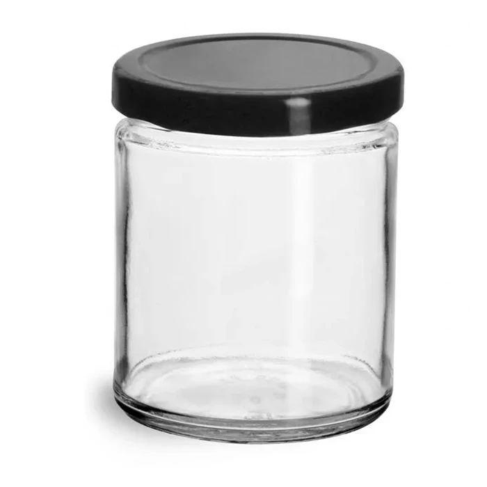 6 ounce 9 oz Clear Glass Straight Sided Jars w/ Black Metal Plastisol Lined Lug Caps