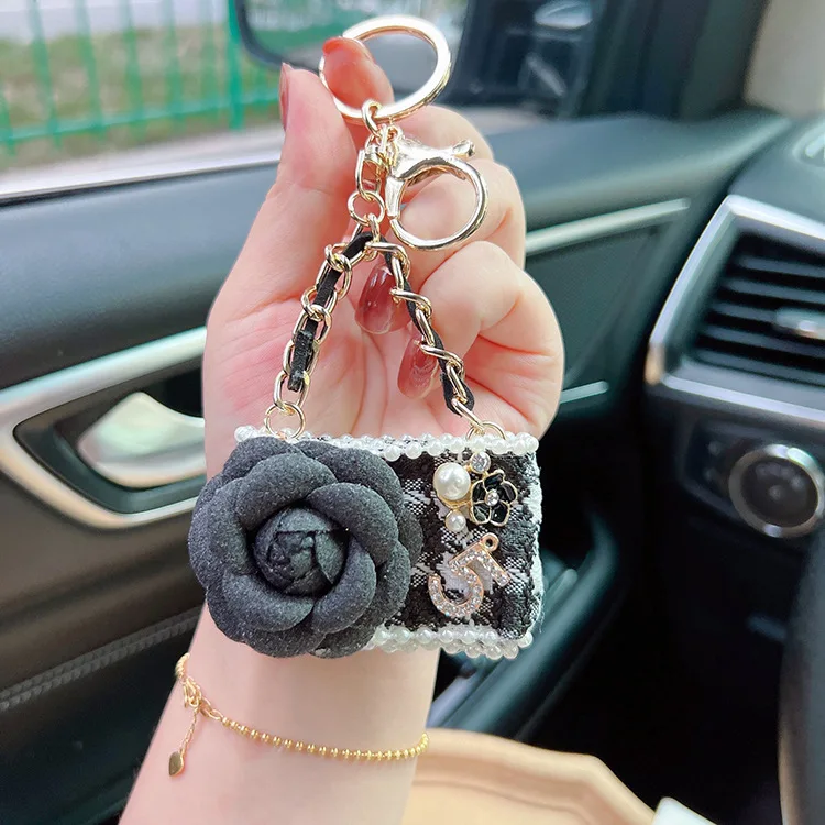 Creative Beautiful Bag Keychains Delicate Key Chain Women Charm Keyring Gifts Creative Camellia Handbag  Bag Pendant Keychain