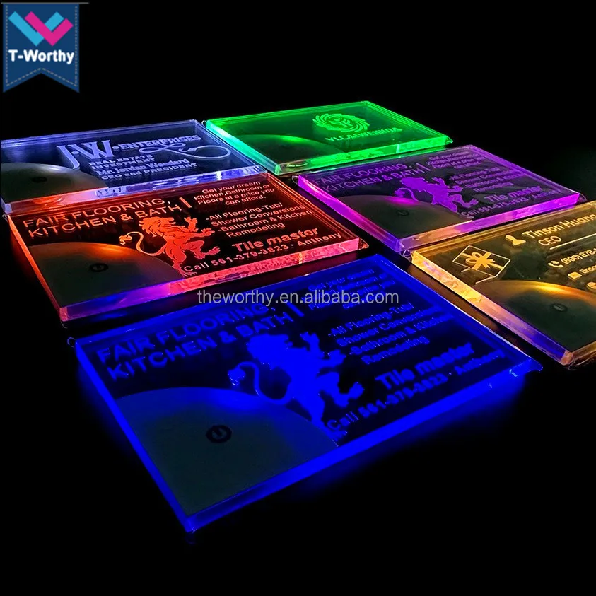 T-Worthy Customized Logo Laser Engraved LED Business Card Acrylic Brand Name Glowing LED Light Up Business Card