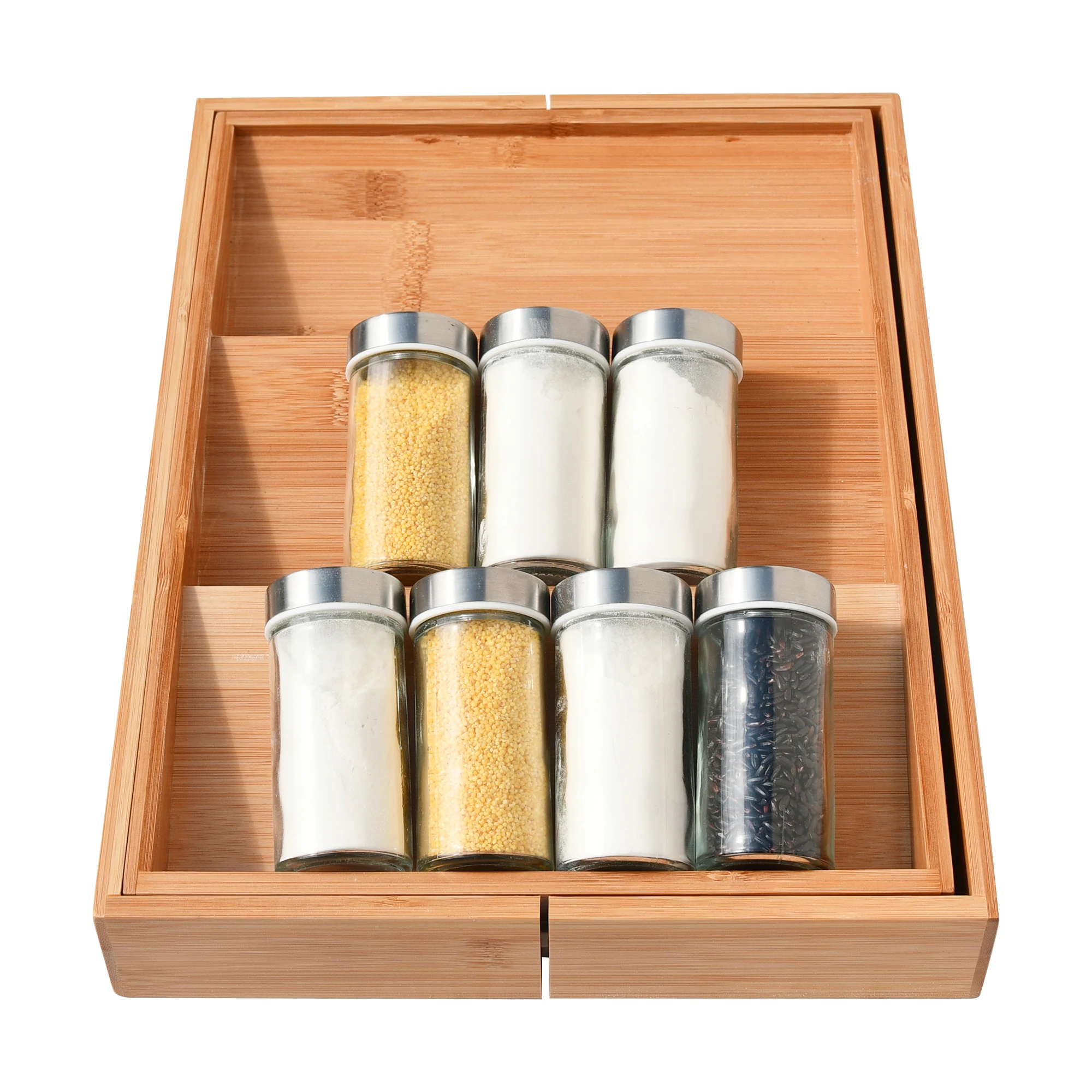Expandable 3 Tier Display  Spice Shelf Bamboo Drawer Cutlery Organizer for Kitchen Cabinet