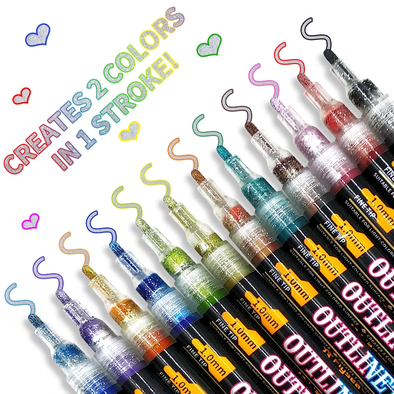 Hot Selling 18 Pcs Pack Drawing Double Line Outline Pen Outline Highlighter Marker Pen Metallic Color Marker