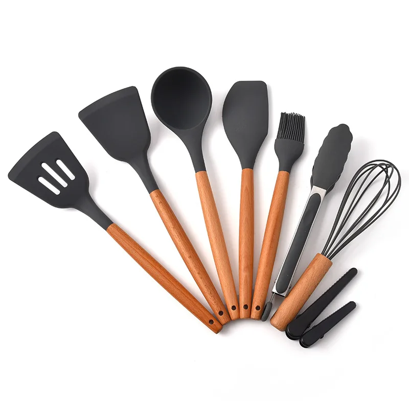 
New Design Silicone Kitchen Accessories Handle Modern Cooking Tools Household Kitchen Utensils Set with Wood Grain Plastic 