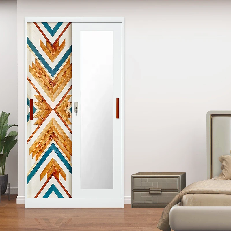 Modern Bedroom Closet Metal Almirah Wardrobe Steel Printed Wardrobe 2 sliding door wardrobe with mirror