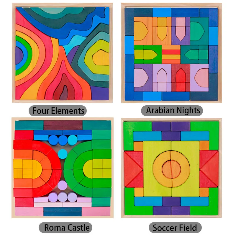 Wooden Building Blocks Set -Large Rainbow Wood Blocks in Colors and Shapes(The Arabian Nights/4 Elements/Castle/Soccer Field)