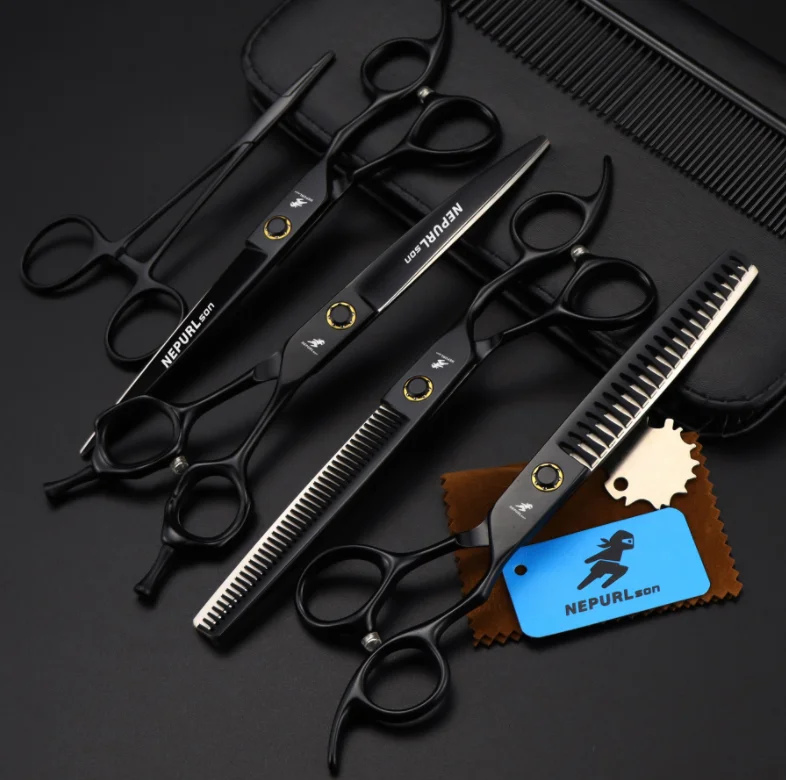 7  inch NEPURLson  PB 01 black good quality  4 scissors pet sets  Shaped Scissors Pet Grooming dense teeth scissors set
