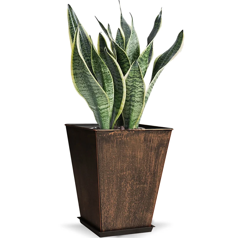 Metal  Bronze Square Planter Large Galvanized Steel Tall  Flower Pots with Saucer Farmhouse Vintage Style for Indoor Outdoor