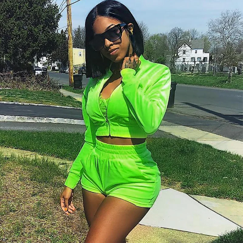 PH-2061327 2020 Новое поступление, летние женские бархатные комплекты из 2 предметов, короткий топ и шорты, повседневные спортивные костюмы