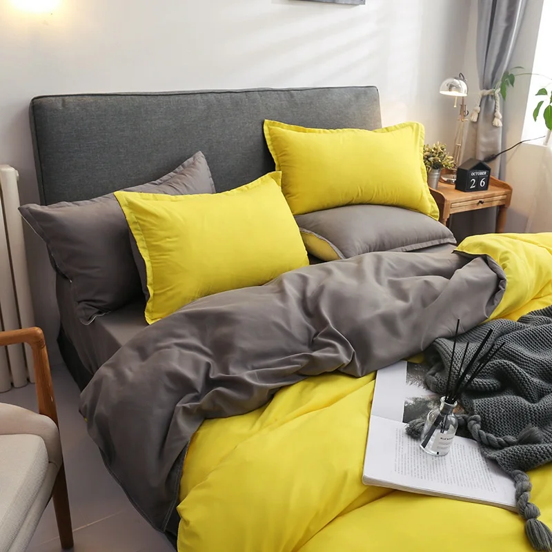 Cheap Yellow Solid Pure Color Blank One Flat Sheet One Duvet Cover Two Pillowcases 4pcs Bed Sheet Bedding Set