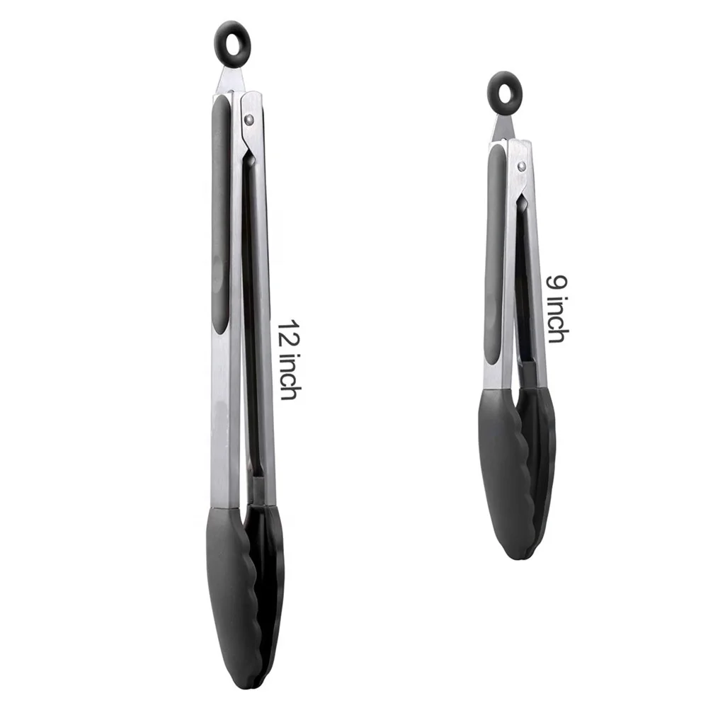 2 Pack Black kitchen tongs, Silicone BPA Free Non-Stick Stainless Steel BBQ Cooking Grilling Locking Food Tongs 9 Inch & 12 Inch