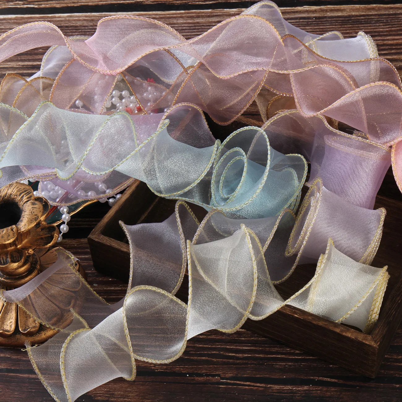 Wholesale 4CM Silk Organza Gold Silver Wire Edged Fishtail Ribbon For Wedding Bouquets Birthday Party