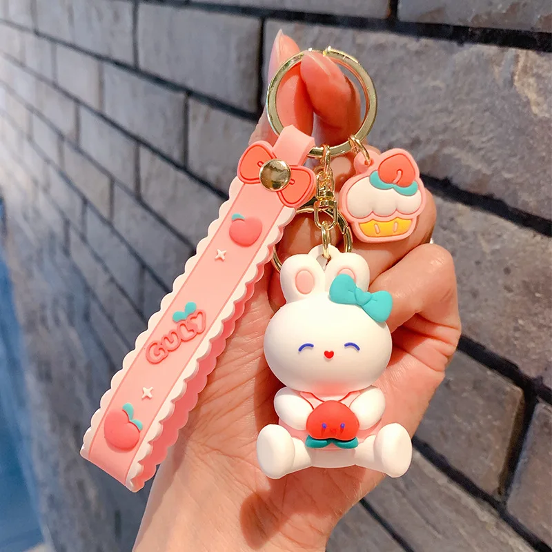 Fast Sample Wholesale Personalized Keychain 3D Fruit Peach Rabbit Cartoon Plating Gold Metal Ring Keychain For Girls