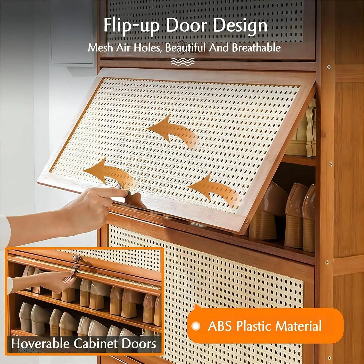 Portable Multifunctional  Natural bamboo 5 tiers Shoe Organizer with two ABS drawers shoe cabinet