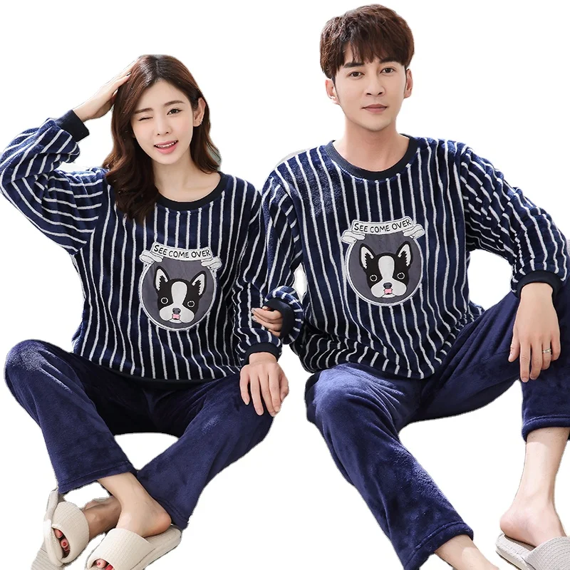 Factory Direct Winter Christmas Sleepwear Lover Sales New Design Long Sleeve Flannel Pajamas Couple Warm
