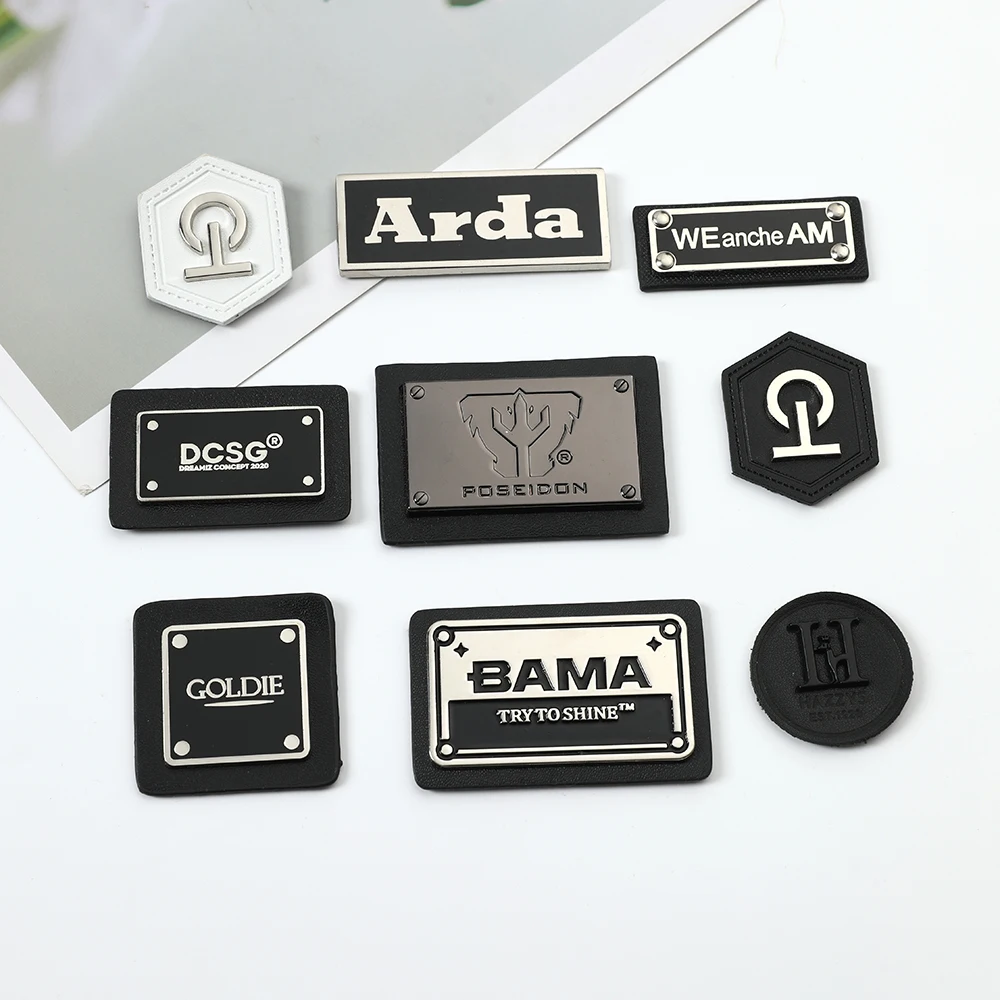 2024 good supplier metal logo labels with leather sewing label For Clothing Garment Metal Accessories