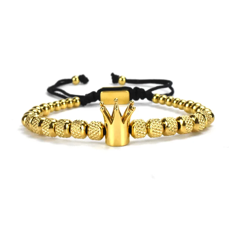 European Hot Selling Luxury Hand Jewelry Adjustable 18K Gold Plated Stainless Steel Royal Crown Braided Macrame Bracelet Men