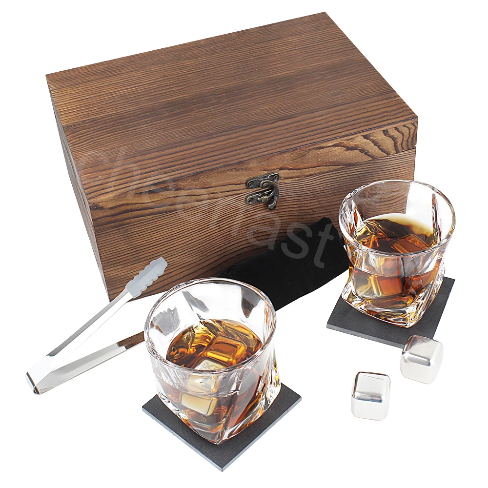 Custom 6pcs Cooling Stones Whiskey 304 Stainless Steel Reusable Chilling Ice Cube Stone Crystal Glasses Whiskey Glass Gift Set
