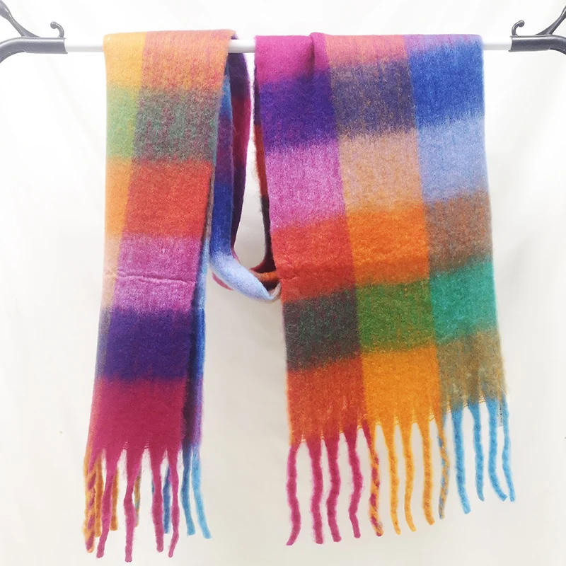 Large Plaid Fluffy Winter Scarf Cashmere Cape Acrylic Oblong Chunky With Tassel Fringe Scarf Blankets For Women