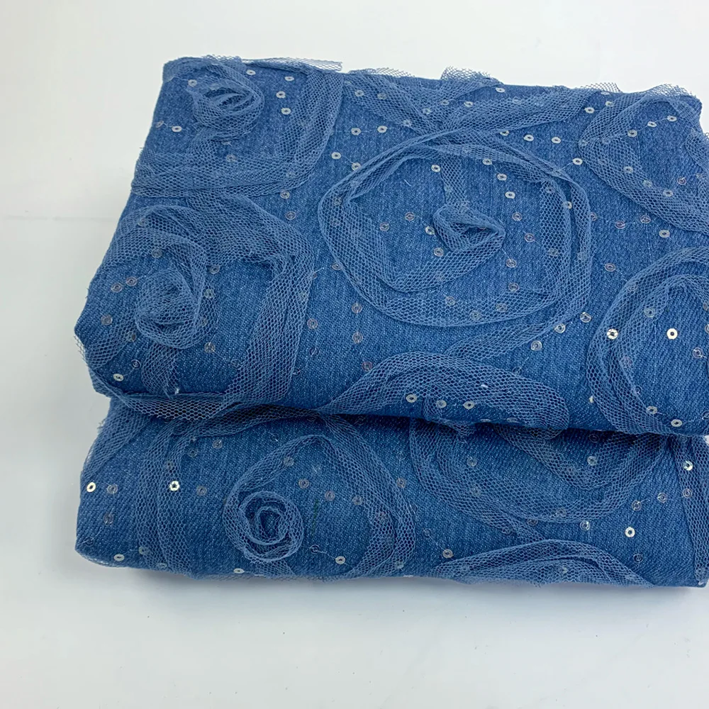 Henry Factory Wholesale High Quality Woven Rose Lace Denim Embroidery Fabric For Fashion Dress Coats