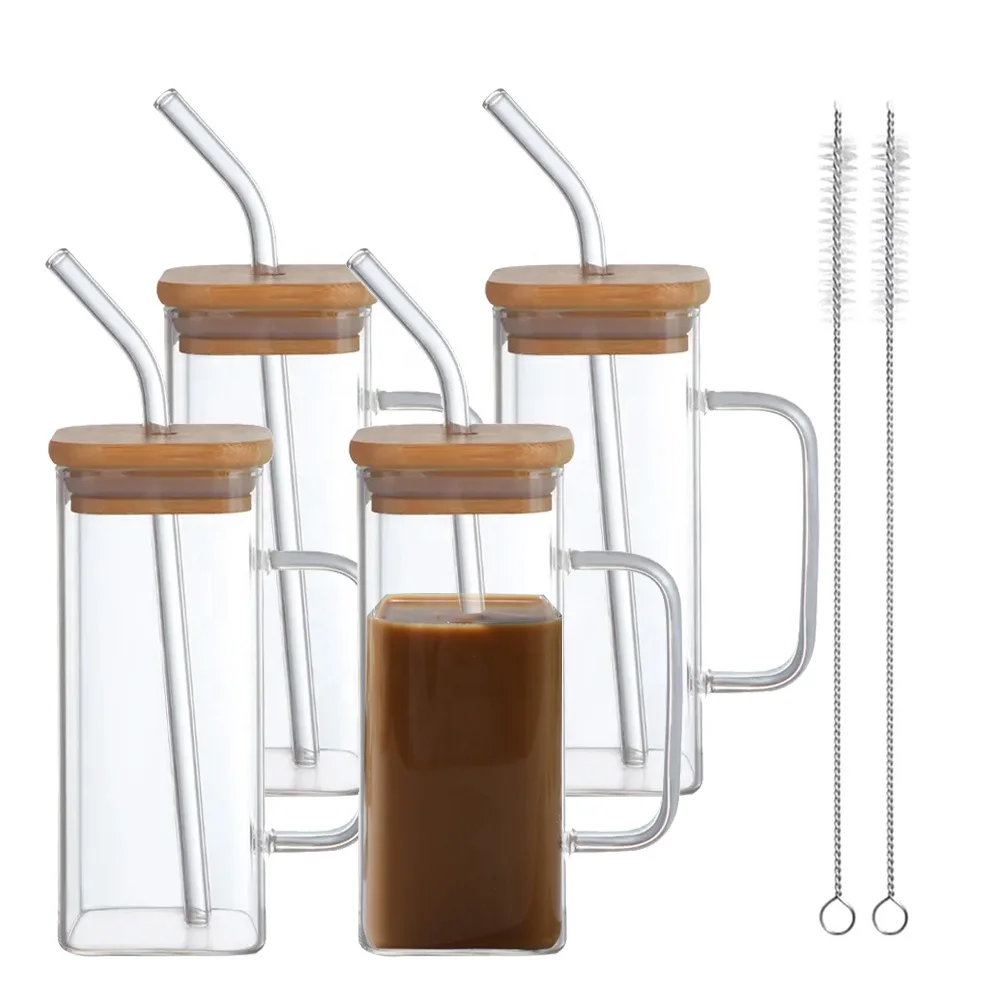 Factory Price Customizable Clear Glassware  Square Glass Cup with Bamboo Lid and Straw