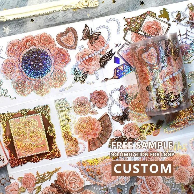 Custom Ready To Ship washi tape wholesale simply gilded transparent laser embossed gold foil wide PET washi tape