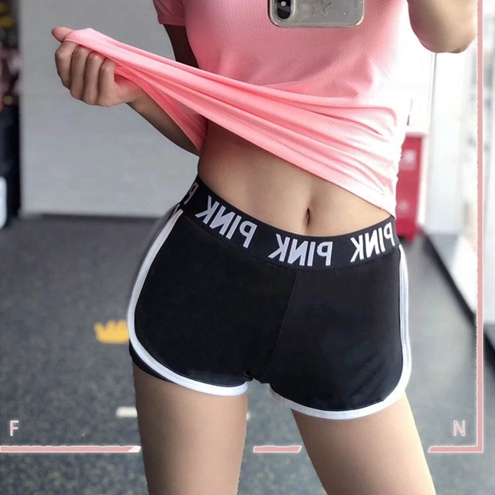 PINK Letters Fake Two-piece Athletic Pants Hip-lifting Running Short Pants Gym Fitness Sports Yoga Shorts For Womens
