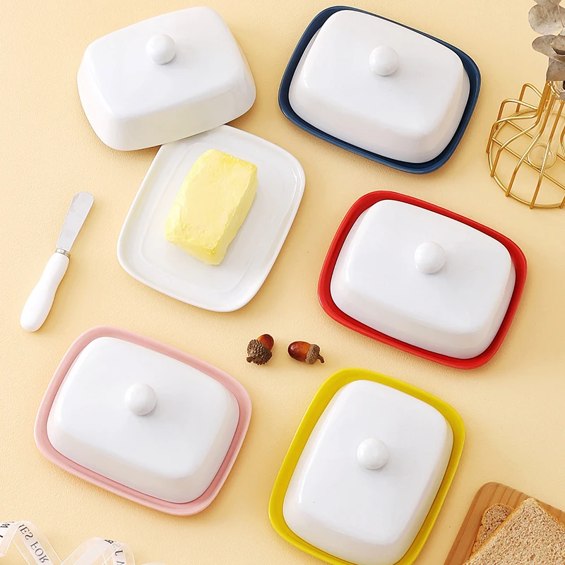 Amazon Hotsales MOQ 200 custom rectangle white ceramic porcelain butter dish with lid
