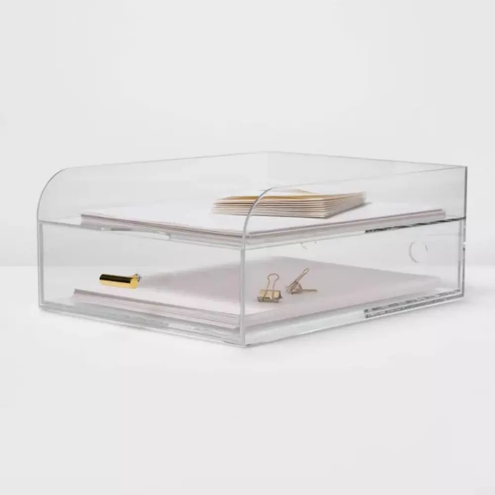 Single-Tier Clear Acrylic Office Organizer Drawer Large Plastic Paper Tray Desktop Storage Easy Standing Installation Box