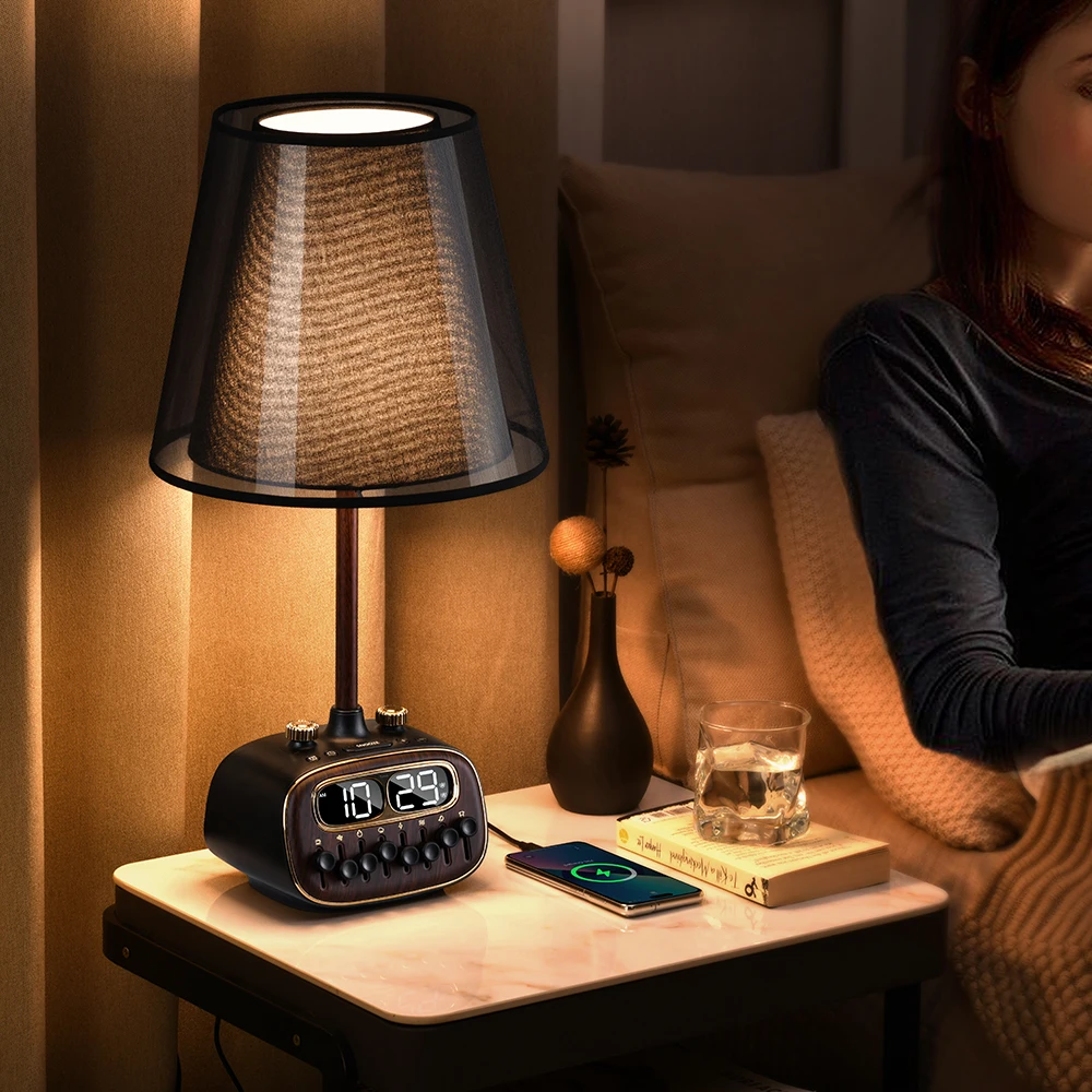 Multifunction dual alarm clock timing bedside lamp hotel retro white noise bluetooth linen fabric lamp shade USB led desk lamp